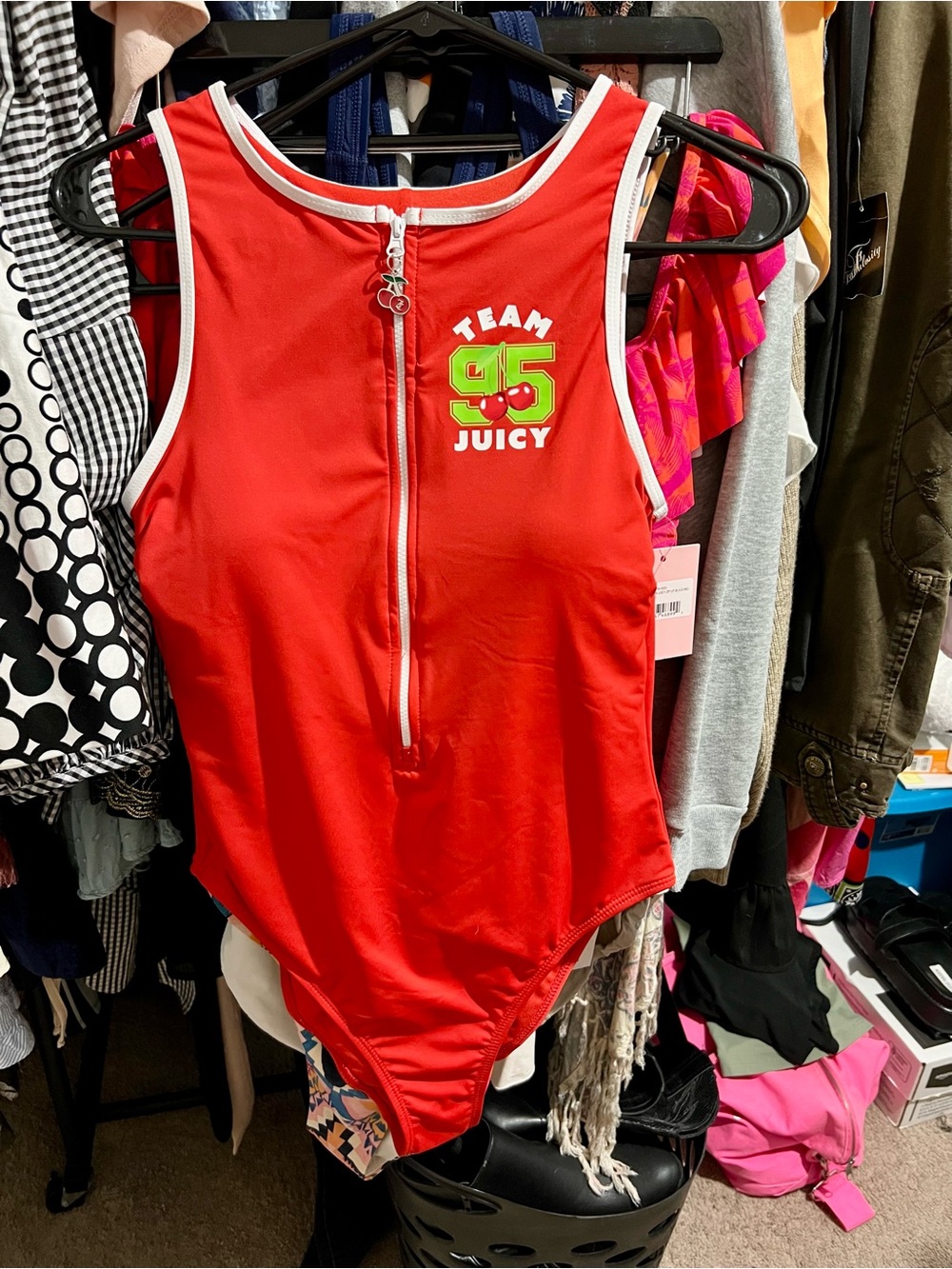 Juicy Couture Red Zip-Up Cherry Charm One-Piece Swimsuit